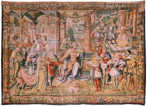 flamländsk gobeläng. Serien Story of David. David före Saul (David ante Saúl). Modell av Bernard van Orley. Tillverkning Bryssel. Ca1525. Tyg Siden och ull. Storlek 560 x 410 cm. Plats Burgos katedral. Ursprung Ett testamente till katedralen 1535 med kort av Flemish School