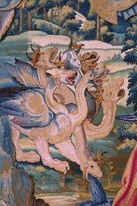 flamländsk gobeläng. Serien The Apocalypse: Saint Michael besegrar draken. Atelier Willem Dermoyen, Bryssel. Ca 1553-1555. Detalj. av Flemish School