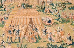 flamländsk gobeläng. Serien Judiths bok. Judith före Holofernes (Judith ante Holofernes). Femte gobeläng i serien. Tillverkning Nederländerna, Bryssel(?). Andra hälften av 1500-talet. Tyg Ull. Plats Church of Saint Nicholas of Bari (mus av Flemish School
