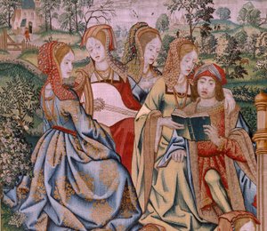 flamländsk gobeläng. Serien Davids och Batsebas historia. Bathseba vid hennes bad (Betsabé en el baño sorprendida por David). Första panelen i serien. Anonym modell. Tillverkning okänd, Bryssel av Flemish School