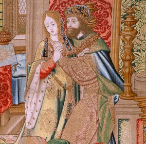 flamländsk gobeläng. Serien Davids och Batsebas historia. Davids och Batsebas äktenskap (Casamiento de David y Betsabé). Andra panelen i serien. Anonym modell. Tillverkning okänd, Bryssel. 1505. Tyg Guld, siden och ull. av Flemish School
