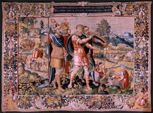 flamländsk gobeläng. Serien Hannibals historia. Korsningen av Alperna (Paso de los Alpes). Andra gobeläng av de bevarade. Modeller Anonym mästare i Nederländerna. Bryssel tillverkning, verkstad. Ca 1570. Tyg Ull och siden, 6,5/7 varp pr av Flemish School