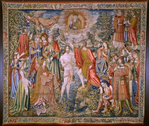 flamländsk gobeläng. Serien The History of Saint John the Baptist: The Baptism of Christ (Het doopsel van Christus). Bryssel ateljé. 1515-1520. av Flemish School