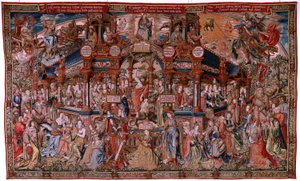 flamländsk gobeläng. Serien The Honours. Dygd (La Virtu, El Vicio). Åttonde gobeläng i serien. Modelltecknare från Bernard van Orleys och Jan Gossaerts krets (Mabuse). Tillverkning Pieter van Aelst, Bryssel. Ca 1550. Tyg Guld, silver, siden a av Flemish School