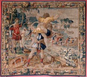 flamländsk gobeläng. Serien The Labours of Hercules. Hercules och Antaeus (Hércules y Anteo). Fjärde gobelängen i den bevarade serien. ; Modell okänd. Tillverkning Willem Dermoyen, Bryssel. Ca 1528. Tyg Siden och ull. Storlek 362 x 403 cm. Plats Kungliga s av Flemish School