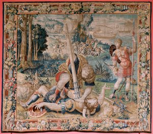 flamländsk gobeläng. Serien The Labours of Hercules. Hercules slåss mot Minotauren (Hercules slåss med Minotauren). Herkules slåss med Minotauren). Andra gobeläng i den bevarade serien. Modell okänd. Tillverkning Willem Dermoyen, Bryssel. ca 1528. av Flemish School