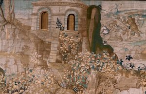 flamländsk gobeläng. Serien The Labours of Hercules. Hercules fångar Cerberus (Hércules captura a Cancerbero). Sjätte gobelängen i den bevarade serien. Modell okänd. Tillverkning Willem Dermoyen, Bryssel. Ca1528. Tyg Siden och ull. Storlek 345 x 390 cm. Lo av Flemish School
