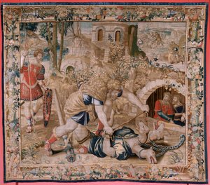 flamländsk gobeläng. Serien The Labours of Hercules. Hercules fångar Cerberus (Hércules captura a Cancerbero). Sjätte gobelängen i den bevarade serien. Okänd modell. Tillverkning Willem Dermoyen, Bryssel. Ca1528. Tyg Siden och ull. Storlek 345 x 390 cm. Lo av Flemish School