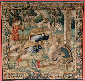 flamländsk gobeläng. Serien The Labours of Hercules. Herkules i Hesperidernas trädgård (Hércules en el jardín de las Hespérides). Femte gobeläng i den bevarade serien. Okänd modell. Tillverkning Willem Dermoyen, Bryssel. Ca 1528. Tyg Siden och ull. av Flemish School