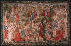 flamländsk gobeläng. Serien Liknelsen om arbetarna i vingården. Uppmaningen till arbetarna (La llamada a los trabajadores). Första gobelängen i serien. Tillverkar Bryssel, Pieter van Aelsts verkstäder(?). Ca 1500. Tyg Siden och ull, 6 varpar pe av Flemish School