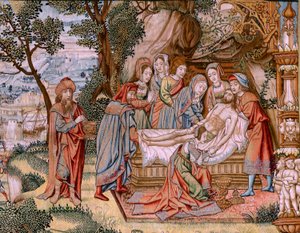flamländsk gobeläng. Serien The Passion of Christ. Nedstigningen från korset (Descendimiento). Den andra gobelängserien av Kristi passion som tillhör Patrimonio Nacional. Modelltecknare från Jan van Roomes krets. Tillverkning Pieter va av Flemish School