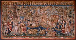 flamländsk gobeläng. Serie The Portuguese in India: The Arrival in Calicut (De Aankomst i Calicut, Llegado de Vasco de Gama a Lisboa). Ca 1510. Samling Caixa Geral de Depósitos, Lissabon. av Flemish School