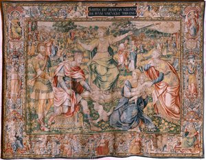 flamländsk gobeläng. Serien De sju dygderna. Rättvisa (La Justicia). Modell baserad på Michiel Coxcie. Tillverkning Bryssel. Tillverkning av Frans Geubels. Ca 1560-1570. Tyg Siden och ull. Storlek 330 x 450 cm. Plats Burgos katedral. Ursprung Ett arv till  av Flemish School