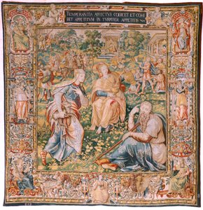flamländsk gobeläng. Serien De sju dygderna. Temperance (La Templanza). Modell baserad på Michiel Coxcie. Tillverkning Bryssel. Tillverkning av Frans Geubels. Ca1560-1570. Tyg Siden och ull. Storlek 330 x 320 cm. Plats Burgos katedral. Ursprung A legat t av Flemish School