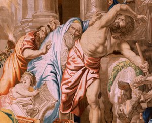 flamländsk gobeläng. Serien Nattvardens triumf. Eukaristins seger över hedniska offer (Victoria de la Eucaristía sobre los sacrificios paganos). Fjärde gobelängen i serien. Modell Peter Paul Rubens. 1626-1628. Tillverkning Jan II Raes, Jac av Flemish School