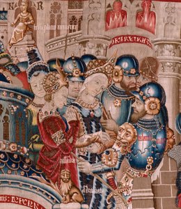 flamländsk gobeläng. Serien Det trojanska kriget. Förstörelsen av Troja (Destrucción de Troya). Elfte gobeläng i serien. Modell Coëtivy Master (Henry eller Conrard de Vulcop). Tillverkar Tournai-verkstäder. Ca 1470. Tyg Ull och siden, 6/7 varp per cm. av Flemish School
