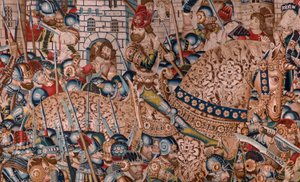 flamländsk gobeläng. Serien Det trojanska kriget. Förstörelsen av Troja (Destrucción de Troya). Elfte gobeläng i serien. Modell Coëtivy Master (Henry eller Conrard de Vulcop). Tillverkar Tournai-verkstäder. Ca 1470. Tyg Ull och siden, 6/7 varp per cm. av Flemish School