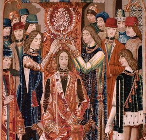 flamländsk gobeläng. Serie okänd. Romersk historia? Tarquinius Priscus (Tarquino Prisco). Tillverka Bryssels verkstäder?. Ca 1475. Tyg Ull och siden, 6 varp per cm. Ursprung En donation av greve Alba de Aliste, den anlände till katedralen 1608. ; Locati av Flemish School