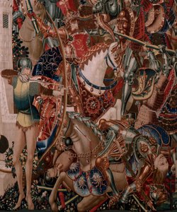 flamländsk gobeläng. Serie okänd. Romersk historia? Tarquinius Priscus (Tarquino Prisco). Tillverka Bryssels verkstäder?. Ca 1475. Tyg Ull och siden, 6 varp per cm. Ursprung En donation av greve Alba de Aliste, den anlände till katedralen 1608. ; Locati av Flemish School