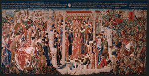 flamländsk gobeläng. Serie okänd. Romersk historia? Tarquinius Priscus (Tarquino Prisco). Tillverka Bryssels verkstäder?. Ca 1475. Tyg Ull och siden, 6 varp per cm. Ursprung En donation av greve Alba de Aliste, den anlände till katedralen 1608. ; Locati av Flemish School