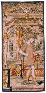 flamländsk gobeläng. Serien Vertumnus och Pomona. No II Vertumnus förvandlades till bonde (Vertumno y Pomona II Vertumno transformado en agricultor) no1 vänster del. Modeller Circle of Pieter Coecke Van Aelst och Léonard Thiry. Atelier okänd, Bryssel. Guld av Flemish School