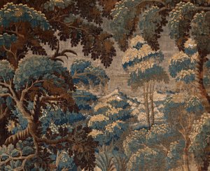 flamländsk gobeläng. Grönska. Slutet på 1600-talet - början av 1700-talet. Egendom av kyrkan Sint-Walburgakerk Oudenaarde (dekanatet i Sint-Walburga).