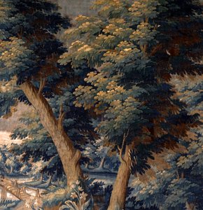 flamländsk gobeläng. stå ut med. Slutet på 1600-talet - början av 1700-talet. Egendom av kyrkan Sint-Walburgakerk Oudenaarde (Dekenij van de Sint-Walburga). Detalj. av Flemish School