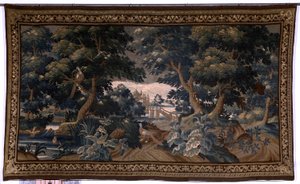 flamländsk gobeläng. Grönska. kärleksscen. Oudenaarde. Slutet på 1600-talet - början av 1700-talet. Egendom av kyrkan Sint-Walburgakerk Oudenaarde (dekanatet i Sint-Walburga). Detalj av Flemish School