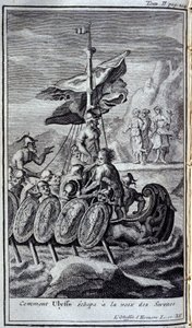 Hur Ulysses flydde sirenens röst. Illustration för bok XII av Homeros Odyssey, i Odyssey, publicerad i Amsterdam 1731, Collection privee Milan. av Flemish School