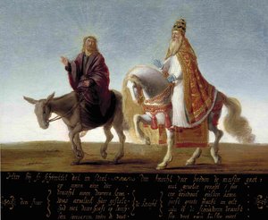 ""Jesus representerad på en åsna vid sidan av den rikt klädda påven på en häst"" Luthersk karikatyr mot påven - Anonym målning
