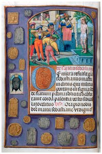 MS 4, vol. 127, f.112v, Martyrdom of St Sebastian med trompe l’oeil-kant av pilgrimsmärken och vernicle, från en timbok, Flandern, tidigt 1500-tal (penna & bläck och tempera på veläng) av Flemish School