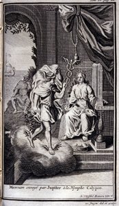 Merkurius skickas av Jupiter till nymfen Calypso. Illustration för bok V av Homeros Odyssey, i Odyssey, publicerad i Amsterdam 1731, Collection privee Milan. av Flemish School