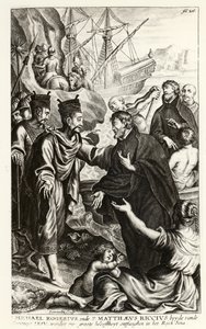 Michael Rogerius (1543-1607) och Matthaeus Riccius (1552-1610) anländer till Kinas kust, illustration från en historia av kyrkan av P. Cornelius Hazart, publicerad i Antwerpen, 1668 av Flemish School