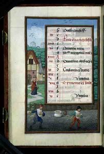 Ms 1058-1975 f.10v Två män som sår majs, upplyst kalendersida för oktober, från en timbok, ca 1500 (vellum) av Flemish School