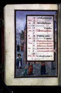 Ms 1058-1975 f12v Snow in a Street, upplyst kalendersida för december, från a Book of Hours, c.1500 (vellum) av Flemish School