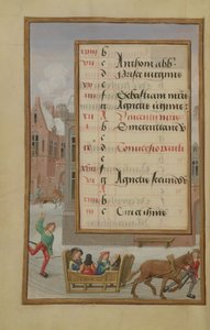 Ms 1058-1975 f1v Street Scene in the Snow, upplyst kalendersida för januari, från a Book of Hours, c.1500 av Flemish School