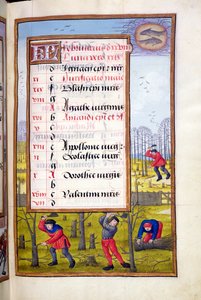Ms 1058-1975 f2r Cutting Trees and Binding Faggots, upplyst sida för februari, från a Book of Hours, c.1500 av Flemish School