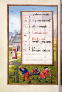 Ms 1058-1975 f2v Att klippa träd och binda tjurar, från en timbok, ca 1500 av Flemish School