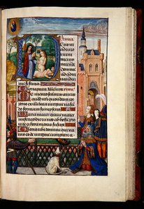 Ms 1058-1975, f.74r: Kung David ber till Jungfrun och barnet och ett historiskt initialt D som visar skapandet av Eva, från en timbok, Brygge, ca 1510 (guldbläck & tempera på pergament) av Flemish School