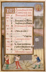 Ms 1058-1975 f8r Threshing Corn in the Lad, upplyst kalendersida för augusti, från a Book of Hours, c.1500 av Flemish School