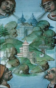 Ms Hunter 9 f.47v Fyra vindar som blåser i hörn på ett havsnära landskap, från 