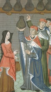 Ms Hunter 9 f.84r Kvinna med korg med urinalis magnus, från De Medina Fen I. II, av Avicenna (980-1037) av Flemish School