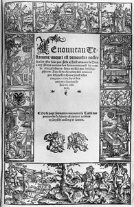 Nya testamentets titelsida för en fransk översättning av Jacques Lefevre dEtaples (1450?-1537) publicerad i Antwerpen 1531 av Flemish School