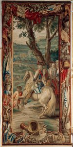 Slottet (Schlossanlage Schleissheim). flamländsk gobeläng. Bryssel studio Judocus De Vos. Design Lambert De Hondt. Maximilian II Emanuel (Maximilian Emmanuel och två infanterister). 400x175 cm. Ull och siden. Ca 1715 - 1724. av Flemish School