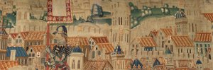 Sockenmuseum för gobelänger (Parish Museum of Pastrana Tapestries). flamländsk gobeläng. Conquest of Tanger (Taking of Tangier, De inname van Tanger). Serie Erövringar av kung Alfonso I av Portugal. Tournai. Ull och siden av Flemish School