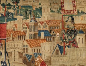 Sockenmuseum för gobelänger (Parish Museum of Pastrana Tapestries). flamländsk gobeläng. Conquest of Tanger (Taking of Tangier, De inname van Tanger). Serie Erövringar av kung Alfonso I av Portugal. Tournai. Ull och siden av Flemish School
