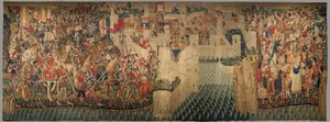 Sockenmuseum för gobelänger (Parish Museum of Pastrana Tapestries). flamländsk gobeläng. Conquest of Tanger (Taking of Tangier, De inname van Tanger). Serie Erövringar av kung Alfonso I av Portugal. Tournai. Ull och siden av Flemish School
