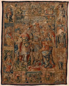 Sockenmuseum för gobelänger (Museo Parroquial de Tapices de Pastrana). flamländsk gobeläng. Den unge Alexander till sin far Filip (El joven Alejandro ante su padre Filipo). Bryssel. 1500-talet. 328x407 cm. av Flemish School