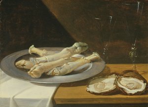 Grisknogar på en tennbricka med ostron och vinglas på ett draperat bord, ca 1630 av Flemish School