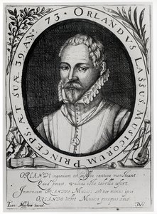 Porträtt av Roland de Lassus (1532-94) (gravyr) (bw foto) av Flemish School